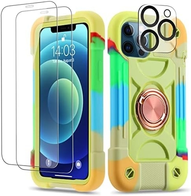 iPhone 12 Pro Max Case 6.7&quot; - Ciężko odporny na wstrząsy, stojak na pierścień, szkło ekranu i ochronę obiektywu aparatu (Rainbow Pink)