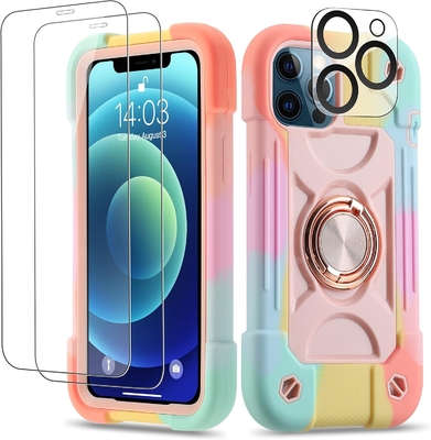 iPhone 12 Pro Max Case 6.7&quot; - Ciężko odporny na wstrząsy, stojak na pierścień, szkło ekranu i ochronę obiektywu aparatu (Rainbow Pink)