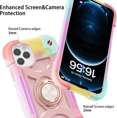 iPhone 12 Pro Max Case 6.7&quot; - Ciężko odporny na wstrząsy, stojak na pierścień, szkło ekranu i ochronę obiektywu aparatu (Rainbow Pink)