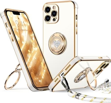 iPhone 12 Pro Max Fundacja ze stojakem, Fundacja telefoniczna z podwójnym pierścieniem Kickstand, Kobiety Dziewczyny Bling Luksusowa Fundacja Ochronna Usłysz