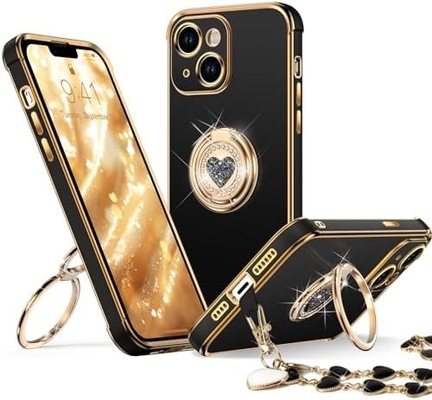 iPhone 12 Pro Max Fundacja ze stojakem, Fundacja telefoniczna z podwójnym pierścieniem Kickstand, Kobiety Dziewczyny Bling Luksusowa Fundacja Ochronna Usłysz