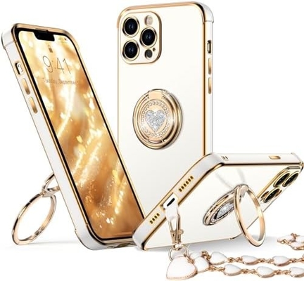 iPhone 12 Pro Max Fundacja ze stojakem, Fundacja telefoniczna z podwójnym pierścieniem Kickstand, Kobiety Dziewczyny Bling Luksusowa Fundacja Ochronna Usłysz