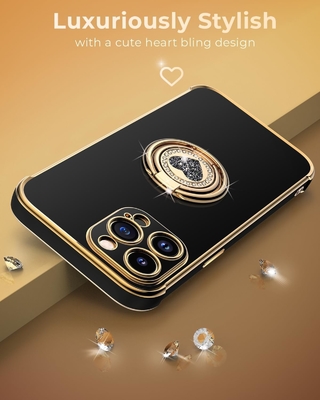 iPhone 12 Pro Max Fundacja ze stojakem, Fundacja telefoniczna z podwójnym pierścieniem Kickstand, Kobiety Dziewczyny Bling Luksusowa Fundacja Ochronna Usłysz
