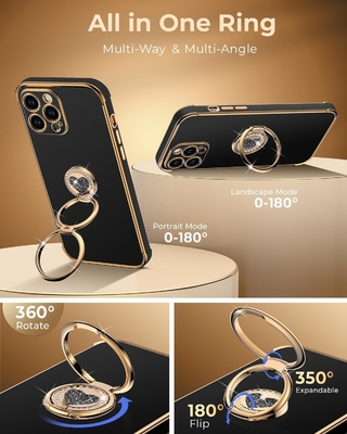 iPhone 12 Pro Max Fundacja ze stojakem, Fundacja telefoniczna z podwójnym pierścieniem Kickstand, Kobiety Dziewczyny Bling Luksusowa Fundacja Ochronna Usłysz