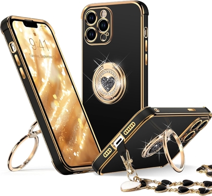 iPhone 12 Pro Max Fundacja ze stojakem, Fundacja telefoniczna z podwójnym pierścieniem Kickstand, Kobiety Dziewczyny Bling Luksusowa Fundacja Ochronna Usłysz