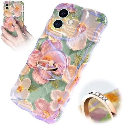 Pudełko iPhone 12 Pro Max Pierścień, pomalowanie olejowe Kwiat kolorowy kwiat retro urocza, kręcona ramka fal Kobiety Dziewczyna Pudełko telefon