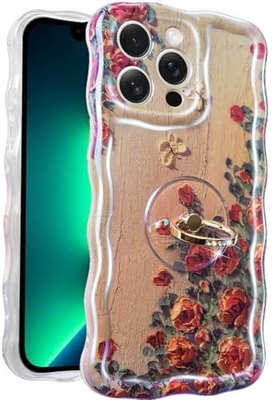 Pudełko iPhone 12 Pro Max Pierścień, pomalowanie olejowe Kwiat kolorowy kwiat retro urocza, kręcona ramka fal Kobiety Dziewczyna Pudełko telefon