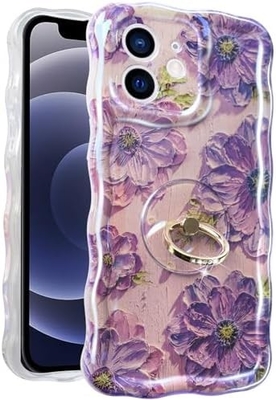 Pudełko iPhone 12 Pro Max Pierścień, pomalowanie olejowe Kwiat kolorowy kwiat retro urocza, kręcona ramka fal Kobiety Dziewczyna Pudełko telefon