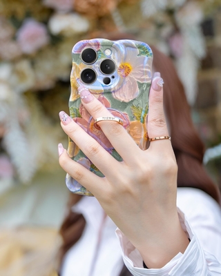 Pudełko iPhone 12 Pro Max Pierścień, pomalowanie olejowe Kwiat kolorowy kwiat retro urocza, kręcona ramka fal Kobiety Dziewczyna Pudełko telefon