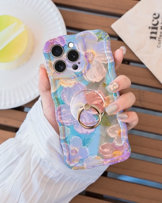 Pudełko iPhone 12 Pro Max Pierścień, pomalowanie olejowe Kwiat kolorowy kwiat retro urocza, kręcona ramka fal Kobiety Dziewczyna Pudełko telefon