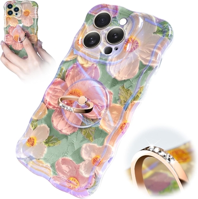 Pudełko iPhone 12 Pro Max Pierścień, pomalowanie olejowe Kwiat kolorowy kwiat retro urocza, kręcona ramka fal Kobiety Dziewczyna Pudełko telefon