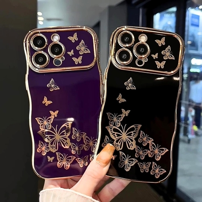Pudełko dla iPhone'a dla dziewczyny, ramka z kręconymi falami, luksusowy wzór motyla, obrony obiektywu z TPU