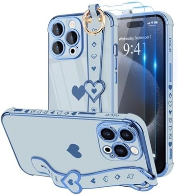 iPhone 12 Pro Cute Love-Heart Plating Strap Phone Cover for Women Girls Bling Silikonowy obiektyw aparatu ochronny bumper