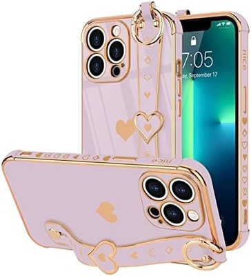 iPhone 12 Pro Cute Love-Heart Plating Strap Phone Cover for Women Girls Bling Silikonowy obiektyw aparatu ochronny bumper