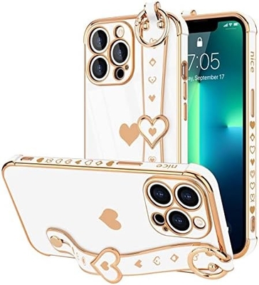 iPhone 12 Pro Cute Love-Heart Plating Strap Phone Cover for Women Girls Bling Silikonowy obiektyw aparatu ochronny bumper
