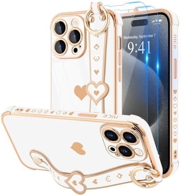 iPhone 12 Pro Cute Love-Heart Plating Strap Phone Cover for Women Girls Bling Silikonowy obiektyw aparatu ochronny bumper