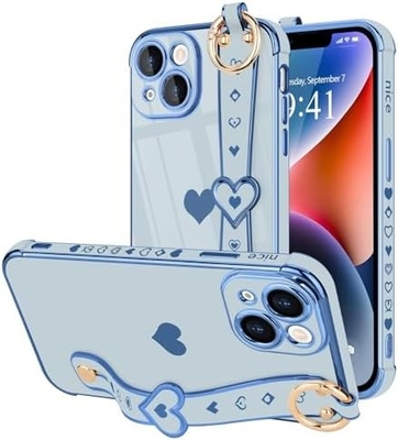 iPhone 12 Pro Cute Love-Heart Plating Strap Phone Cover for Women Girls Bling Silikonowy obiektyw aparatu ochronny bumper