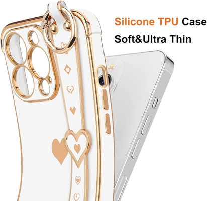 iPhone 12 Pro Cute Love-Heart Plating Strap Phone Cover for Women Girls Bling Silikonowy obiektyw aparatu ochronny bumper