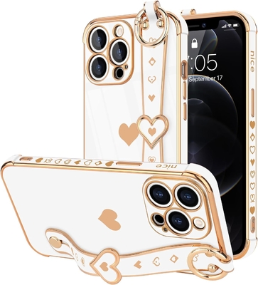 iPhone 12 Pro Cute Love-Heart Plating Strap Phone Cover for Women Girls Bling Silikonowy obiektyw aparatu ochronny bumper