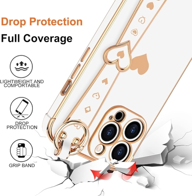 iPhone 12 Pro Cute Love-Heart Plating Strap Phone Cover for Women Girls Bling Silikonowy obiektyw aparatu ochronny bumper