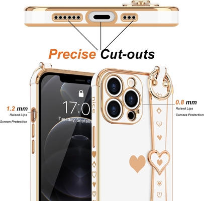 iPhone 12 Pro Cute Love-Heart Plating Strap Phone Cover for Women Girls Bling Silikonowy obiektyw aparatu ochronny bumper