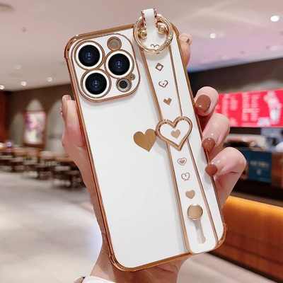 iPhone 12 Pro Cute Love-Heart Plating Strap Phone Cover for Women Girls Bling Silikonowy obiektyw aparatu ochronny bumper