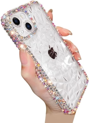 Deluxe Crystal Diamond Pattern Camera Lens Protection Transparent Soft Shockproof Cover Phone Case (niebieski, iPhone 13 Pro)