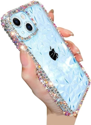 Deluxe Crystal Diamond Pattern Camera Lens Protection Transparent Soft Shockproof Cover Phone Case (niebieski, iPhone 13 Pro)