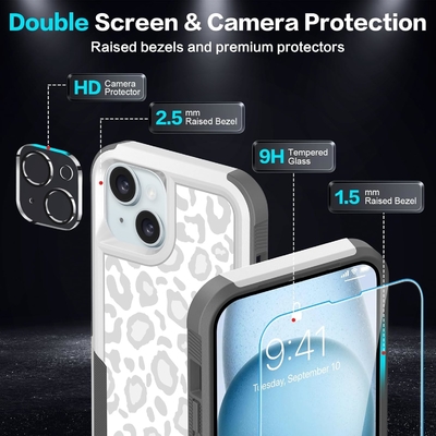 [5 w 1 dla iPhone 15 Plus Case, z 2 pakietami ochronnych ekranów + 2 pakietami ochronnych obiektywów, ciężko działający, wytrzymały