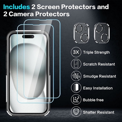 [5 w 1 dla iPhone 15 Plus Case, z 2 pakietami ochronnych ekranów + 2 pakietami ochronnych obiektywów, ciężko działający, wytrzymały