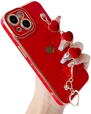 dla iPhone 12 Pro Max Case, Cute Plating Love Heart Wrist Strap Chain Bracelet Soft Kompatybilny z