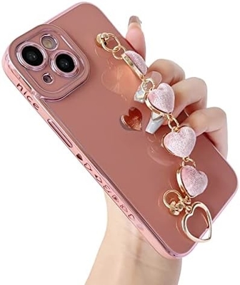 dla iPhone 12 Pro Max Case, Cute Plating Love Heart Wrist Strap Chain Bracelet Soft Kompatybilny z