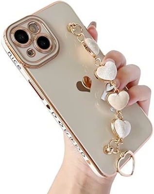 dla iPhone 12 Pro Max Case, Cute Plating Love Heart Wrist Strap Chain Bracelet Soft Kompatybilny z