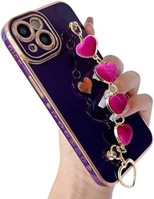 dla iPhone 12 Pro Max Case, Cute Plating Love Heart Wrist Strap Chain Bracelet Soft Kompatybilny z