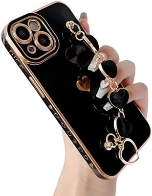 dla iPhone 12 Pro Max Case, Cute Plating Love Heart Wrist Strap Chain Bracelet Soft Kompatybilny z