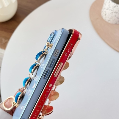dla iPhone 12 Pro Max Case, Cute Plating Love Heart Wrist Strap Chain Bracelet Soft Kompatybilny z