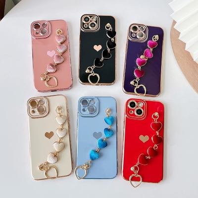 dla iPhone 12 Pro Max Case, Cute Plating Love Heart Wrist Strap Chain Bracelet Soft Kompatybilny z