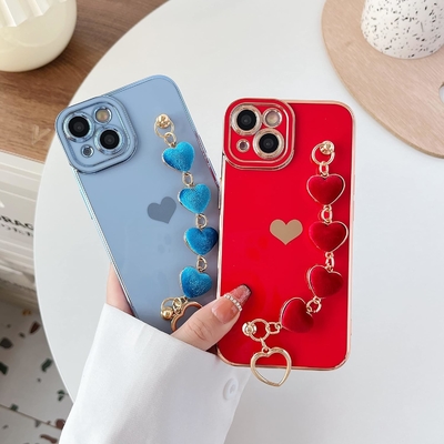 dla iPhone 12 Pro Max Case, Cute Plating Love Heart Wrist Strap Chain Bracelet Soft Kompatybilny z
