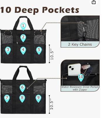 Torba plażowa z siatką drukowaną, duża torba plażowa, z zamkniętymi kieszeniami, nadająca się do rodzinnych torebek basenowych, niezbędne do zabawek i wakacji