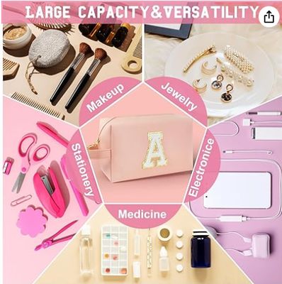 Spersonalizowana kosmetyczka z inicjałami i uchwytem, kosmetyczka w stylu preppy z wewnętrzną kieszenią na zamek, dla dziewcząt w wieku 8 9 10 11 12 13 14 lat, prezenty na ukończenie szkoły dla nastolatek, kobiet i nauczycielek